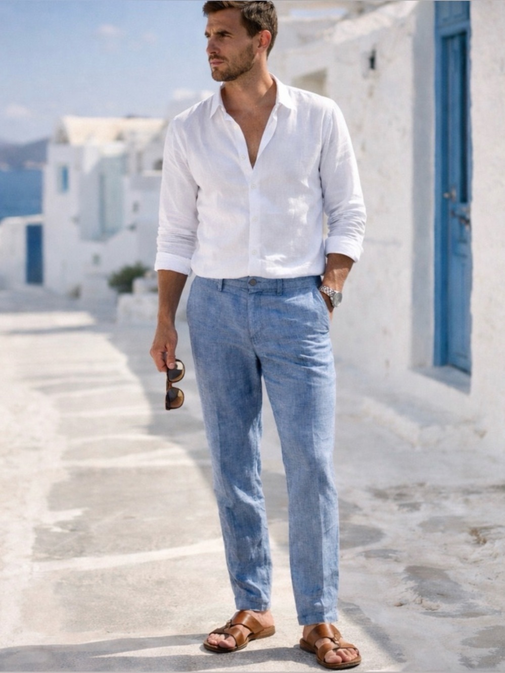 Ganesh Men’s 100% Linen Blue Pants 34 Summer Beach Euro Casual Relaxed Trousers